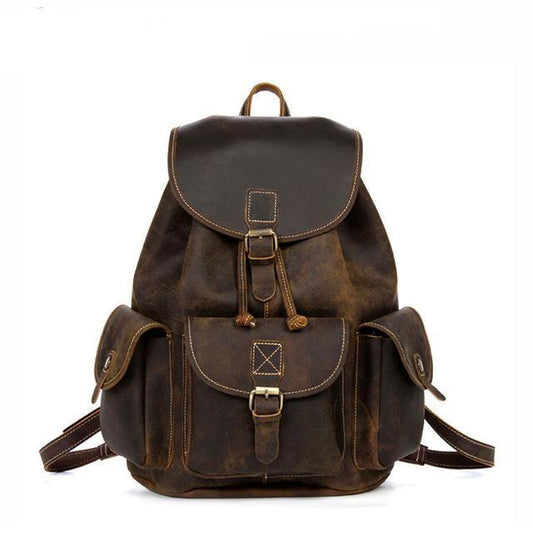 Mens Vintage Leather Backpack Drawstring - Woosir