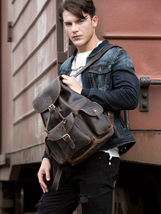 Mens Vintage Leather Backpack Drawstring - Woosir