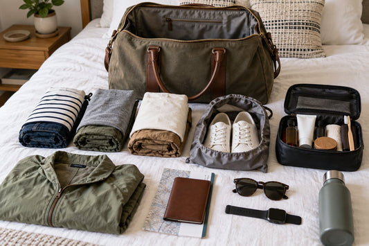 Weekender bag packed with a three-day travel wardrobe