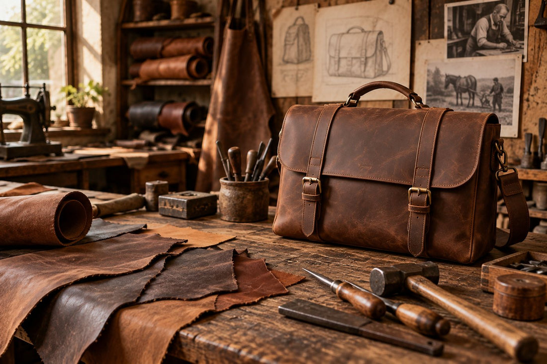 Vintage leatherworking studio showing the history of Crazy Horse leather craft
