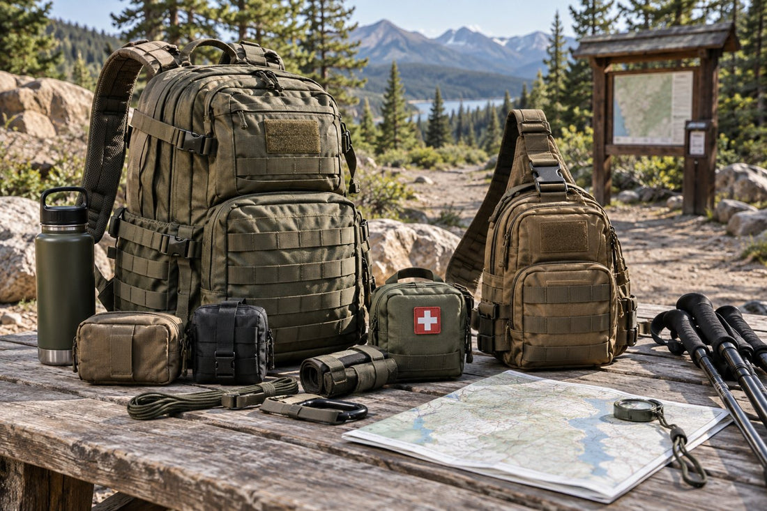 Tactical backpack and sling arranged with modular pouches and outdoor essentials