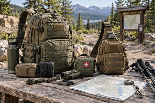 Tactical backpack and sling arranged with modular pouches and outdoor essentials