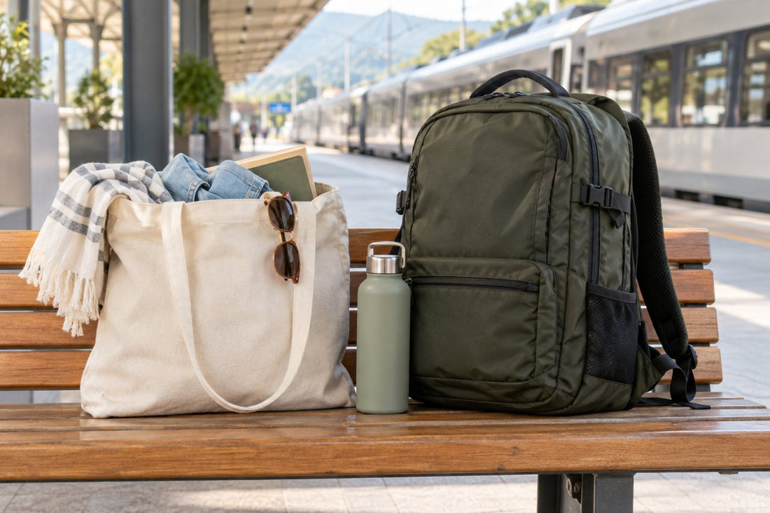 Canvas tote compared with a travel backpack at a station