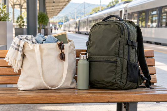 Canvas tote compared with a travel backpack at a station