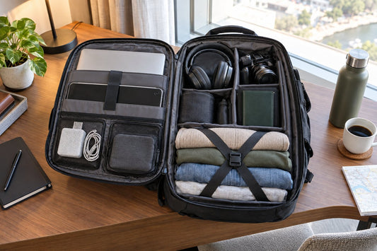 Digital nomad bag organized with technology, power, documents, and clothing