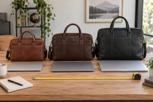 Three leather laptop bag sizes compared with laptops and a measuring tape