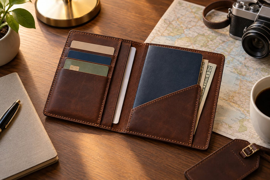 Leather travel wallet arranged for passport-sized documents, cards, and cash