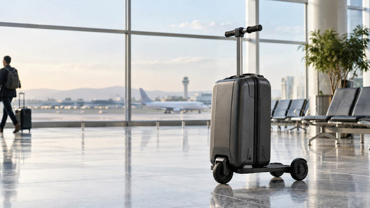 a modern electric suitcase scooter parked in a clean airport terminal with generous travel space