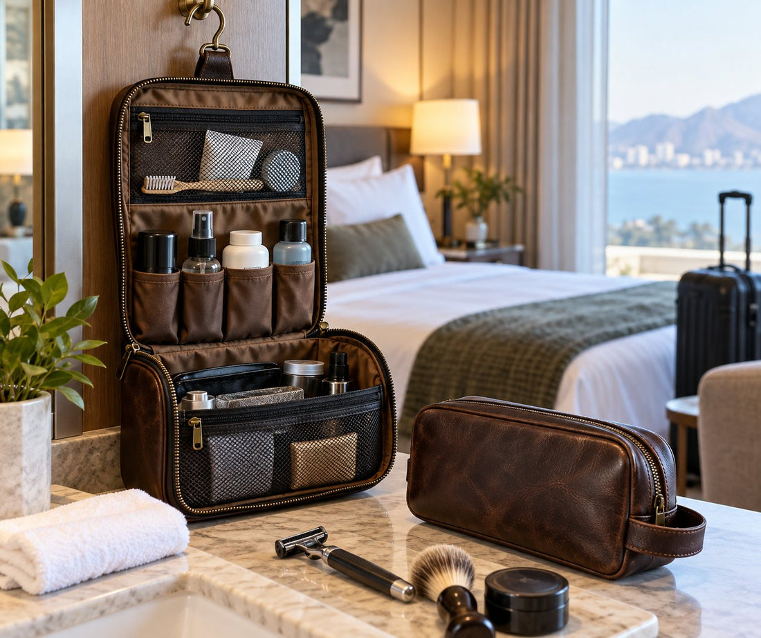 Leather hanging toiletry kit organized for a hotel travel routine