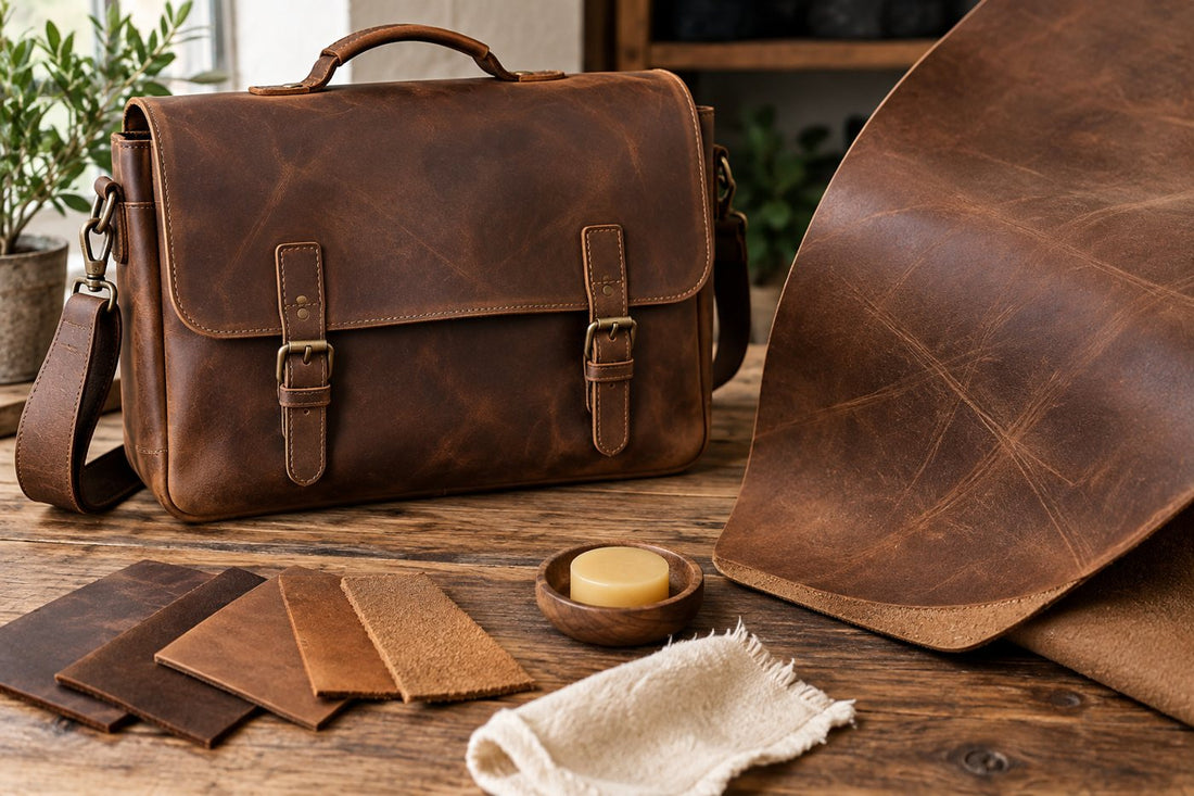Crazy Horse leather bag and material samples arranged for an educational guide