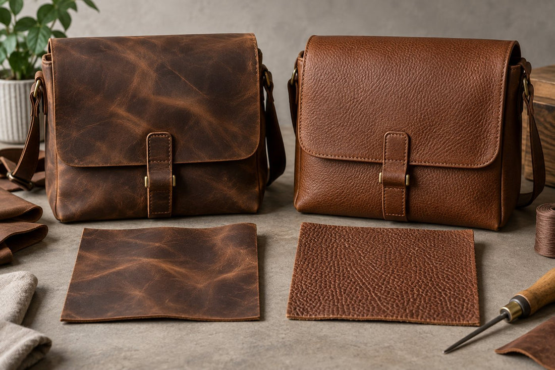 Crazy Horse pull-up leather and natural full-grain leather compared side by side
