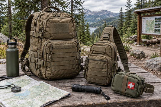 Unbranded tactical bags arranged for an outdoor adventure