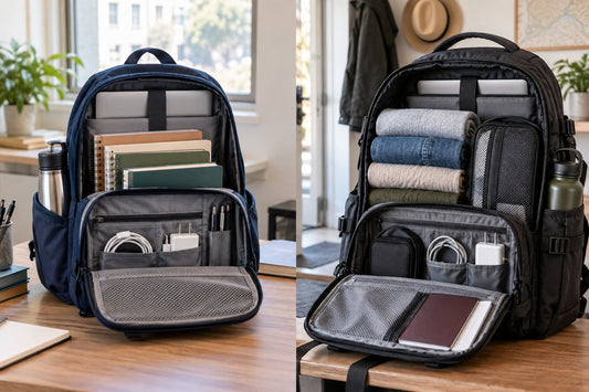 School and travel backpacks compared with organized books, clothing, devices, and accessories