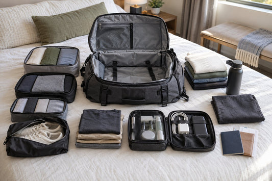 Convertible backpack duffle packed with clothing cubes, shoes, toiletries, power, and documents