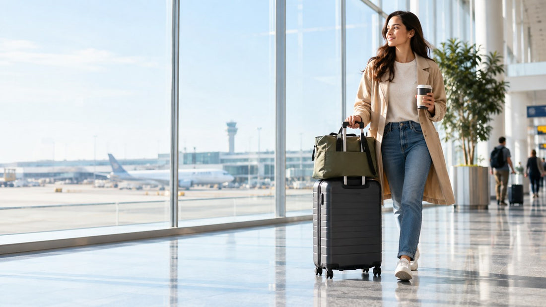 a traveler moving through a bright international airport with a bag secured over a rolling suitcase handle