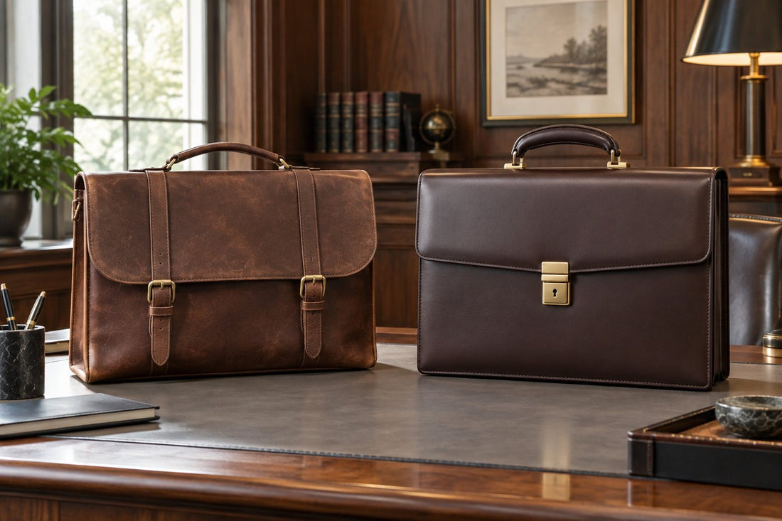 Folio and attaché leather briefcases compared by silhouette, structure, and closure