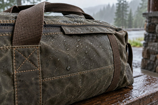 Waxed canvas bag in rain showing water beads, reinforced seams, and a covered zipper