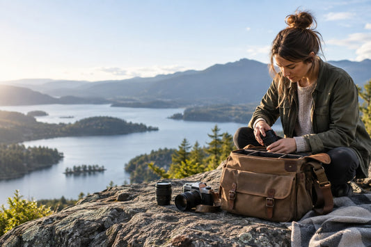 a photographer organizing a vintage camera bag beside a scenic overlook with a camera and two lenses