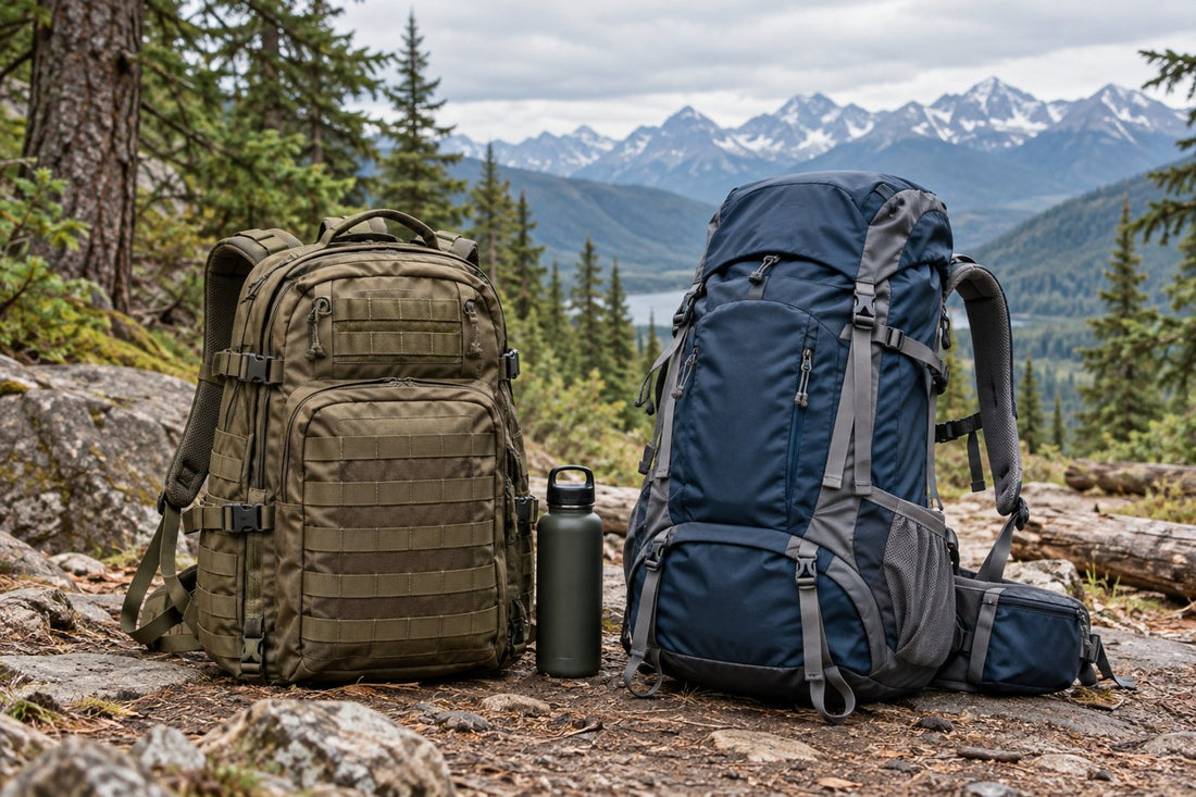 Tactical backpack compared with a hiking backpack on a trail