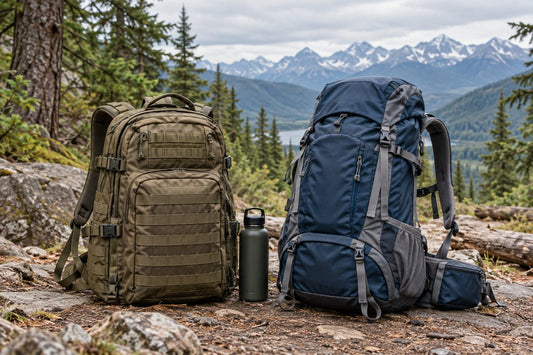Tactical backpack compared with a hiking backpack on a trail