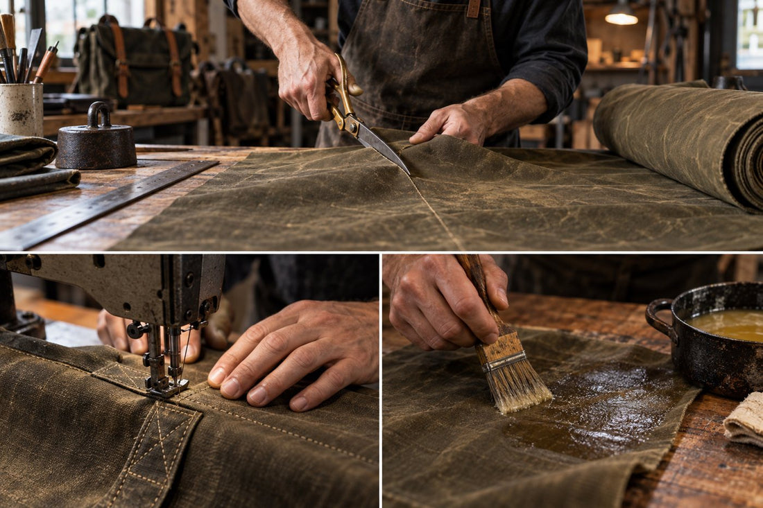 Artisan cutting and sewing waxed canvas in a small workshop