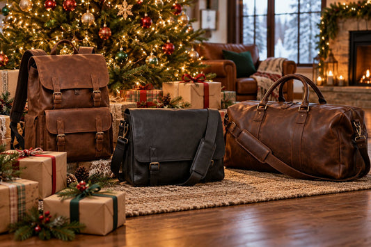 Christmas gift guide featuring unbranded leather backpack, messenger bag, and travel duffle