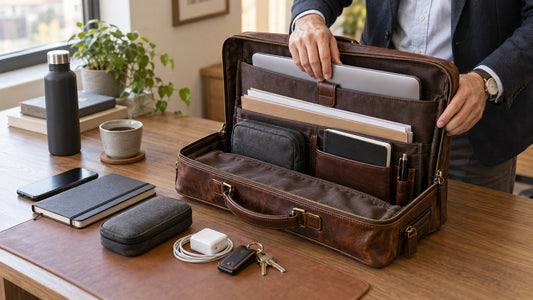 Vintage leather briefcase organized with laptop, documents, charger pouch, and daily essentials