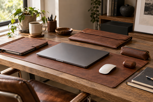Warm leather office accessories arranged on a home-office desk