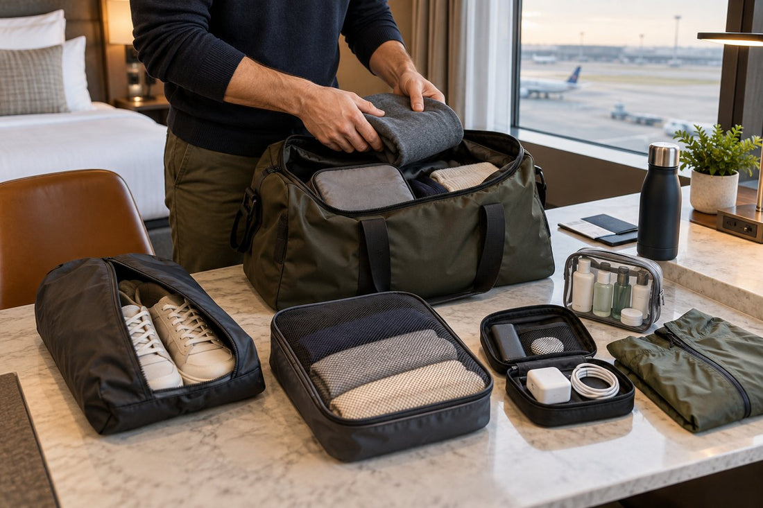 Weekender bag packed for a three-day airport trip
