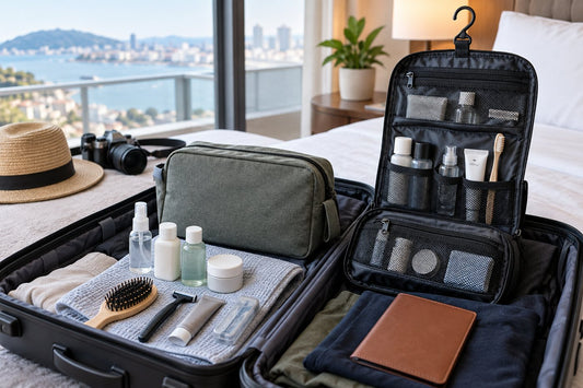 Flat and hanging toiletry bags selected for travel packing