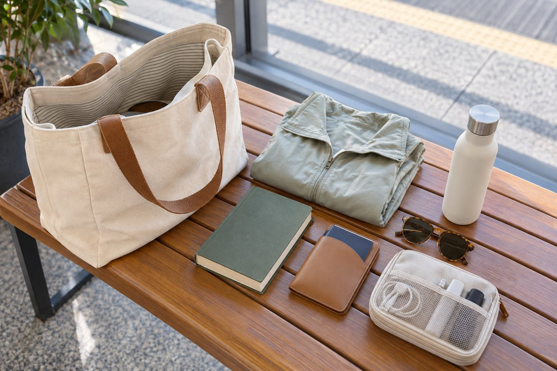 Canvas tote packed for travel with a jacket, book, bottle, passport pouch, and organizer