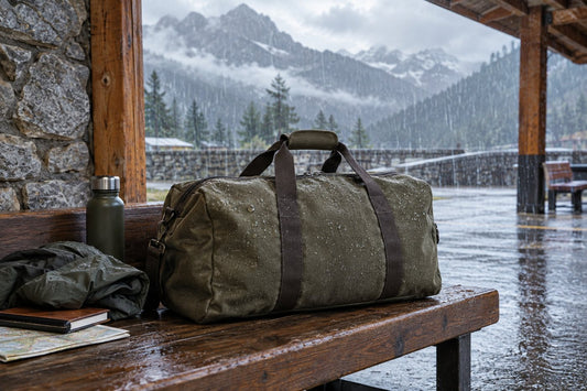 Unbranded waterproof canvas travel bag in rainy weather