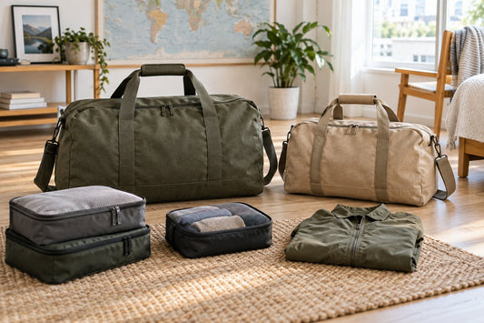Two unbranded travel duffle bags compared with organized packing cubes