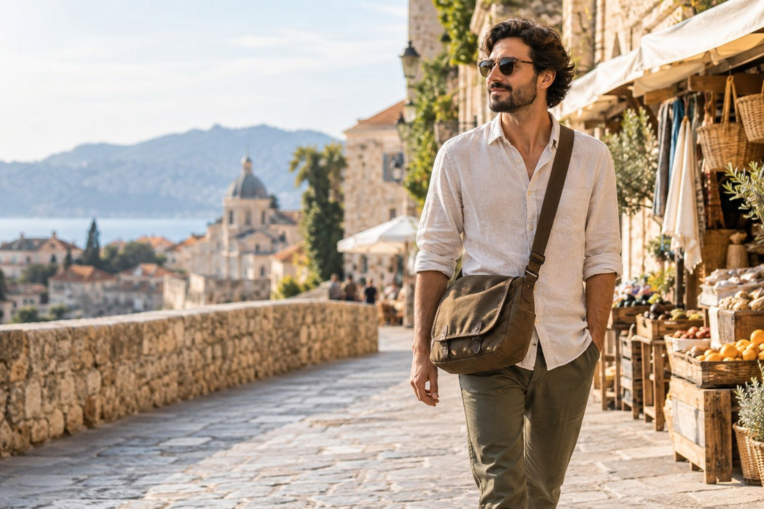a vintage canvas sling bag worn on a relaxed market walk in a warm historic city