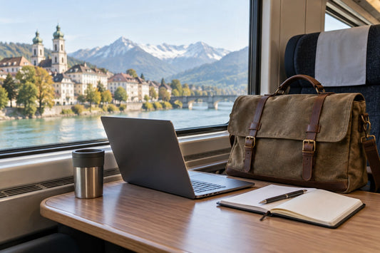 a vintage canvas briefcase beside a laptop and notebook on a European train table