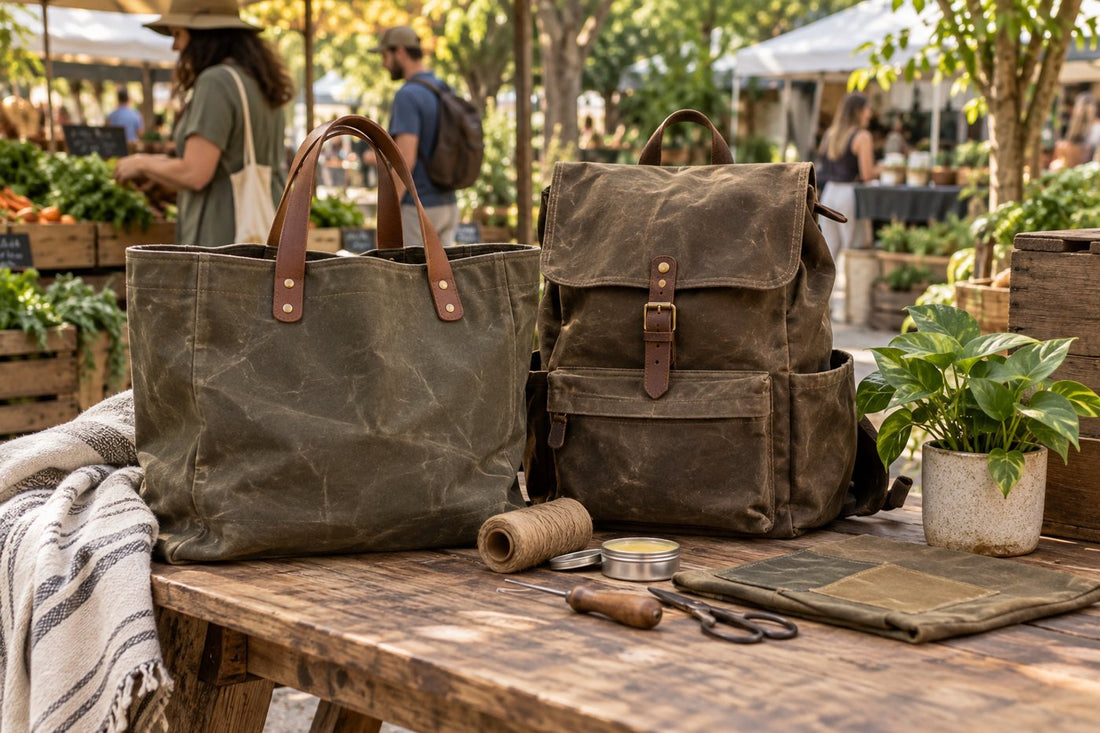 Reusable waxed canvas bags in a low-waste outdoor market setting