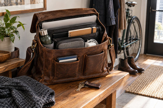 Vintage leather messenger bag packed with laptop, notebook, charger pouch, bottle, and keys