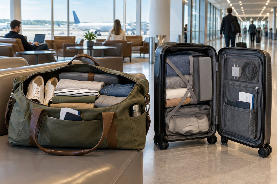 Travel duffle and compact carry-on suitcase compared with the same organized trip load