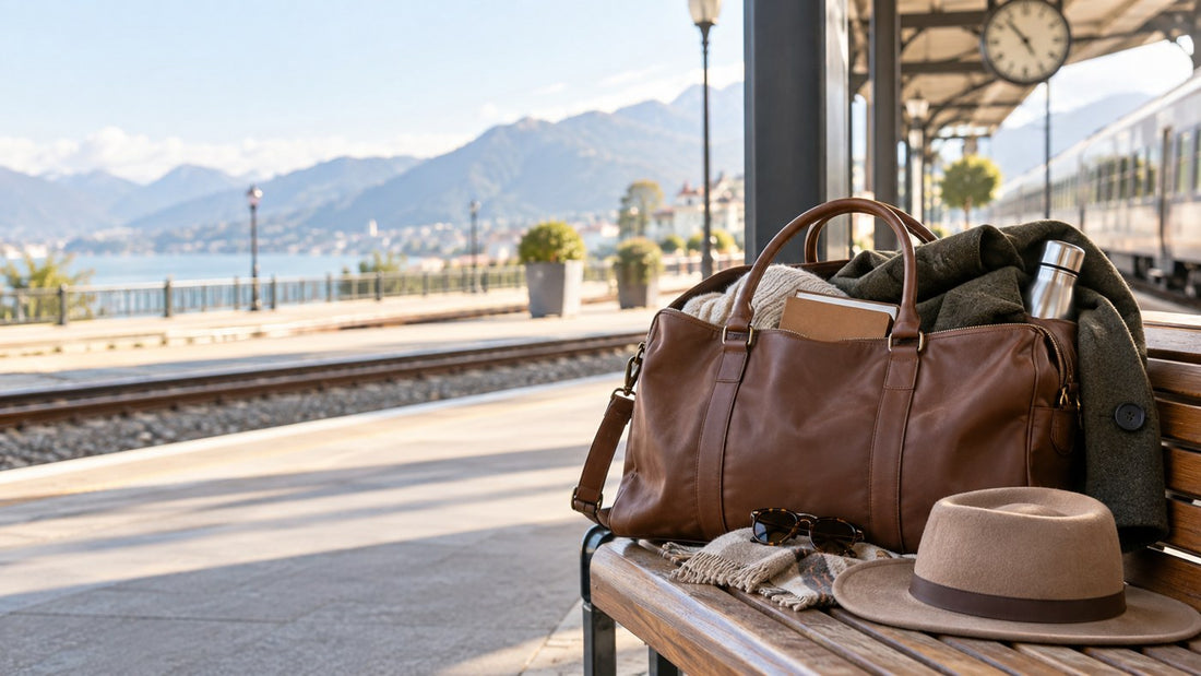 a stylish women's duffle bag packed for a weekend train trip with a coat and travel accessories
