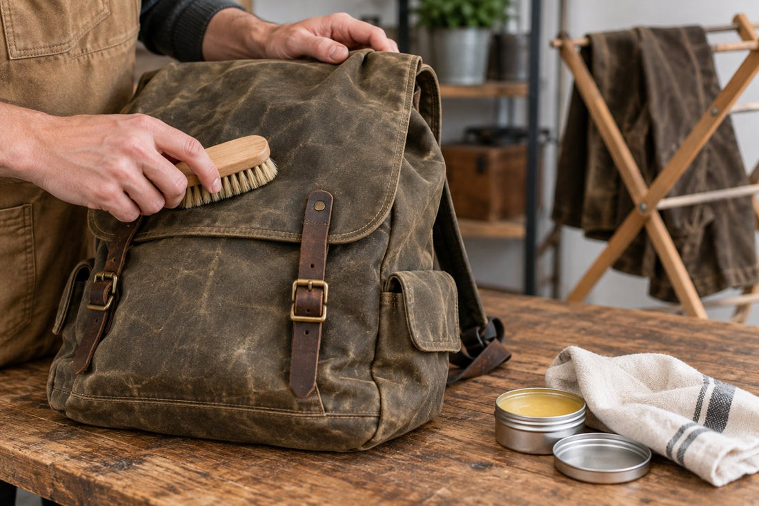 Waxed canvas bag being cleaned and maintained in a workshop