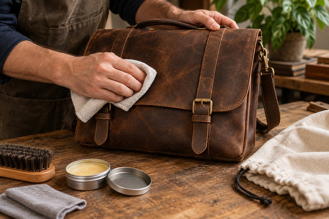 Crazy Horse leather bag being gently cleaned and conditioned