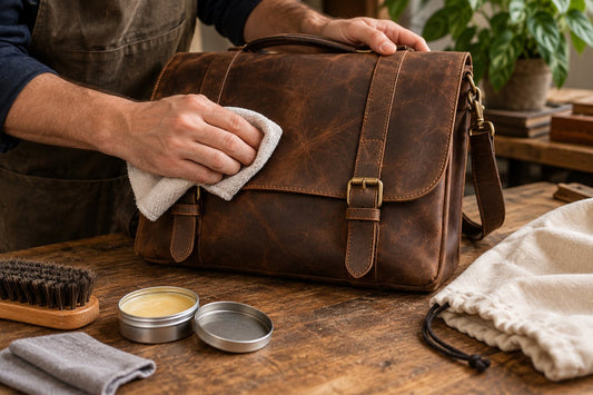 Crazy Horse leather bag being gently cleaned and conditioned