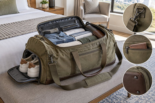 Travel duffle opened to show capacity, shoe zone, handles, and feature layout