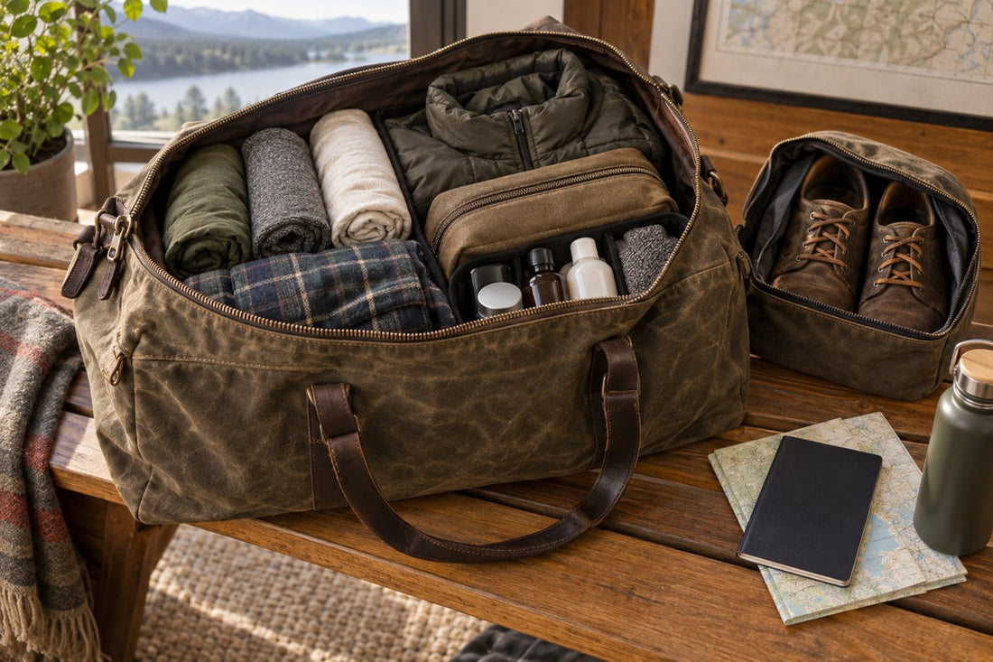 Waxed canvas duffle packed with clothing, shoes, toiletries, and a travel jacket
