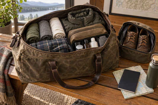 Waxed canvas duffle packed with clothing, shoes, toiletries, and a travel jacket