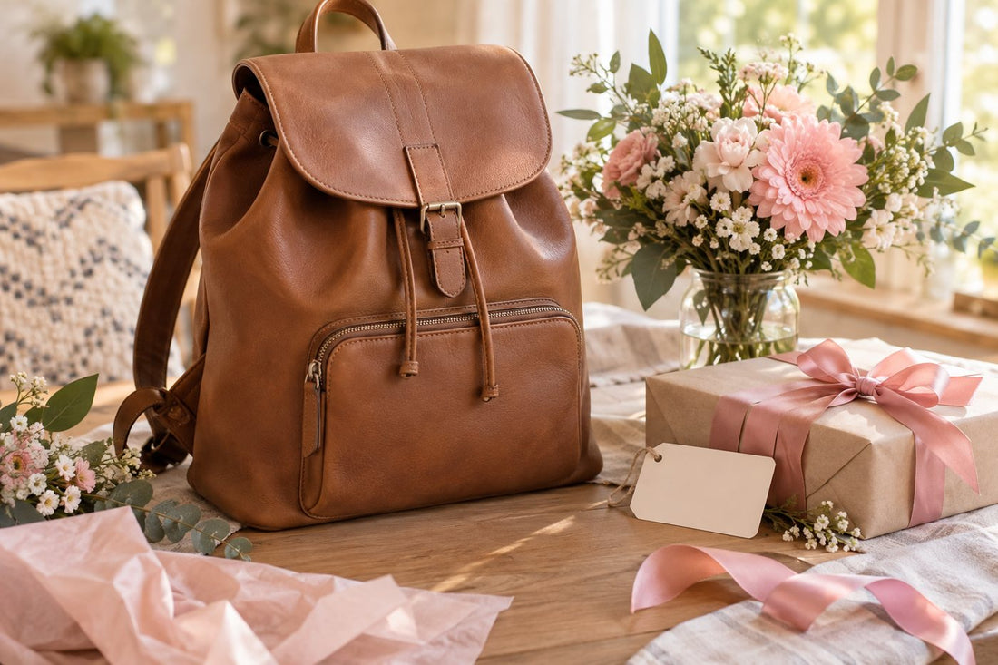 Leather backpack arranged as a thoughtful Mother's Day gift