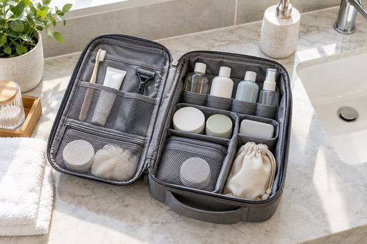 Travel toiletry bag organized with bottles, toothbrush, razor, and separated compartments