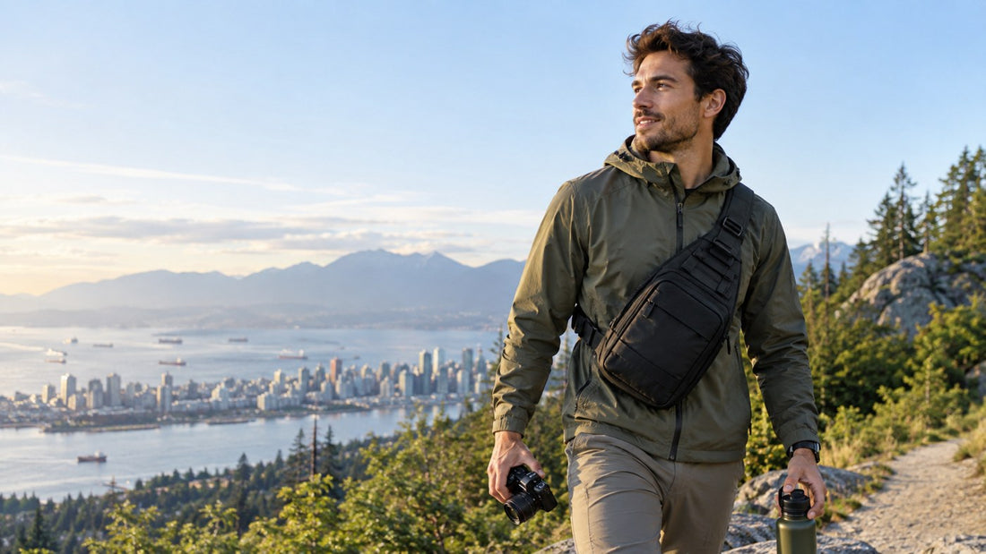 a traveler wearing a tactical sling bag on a city-to-trail day with a water bottle and compact camera