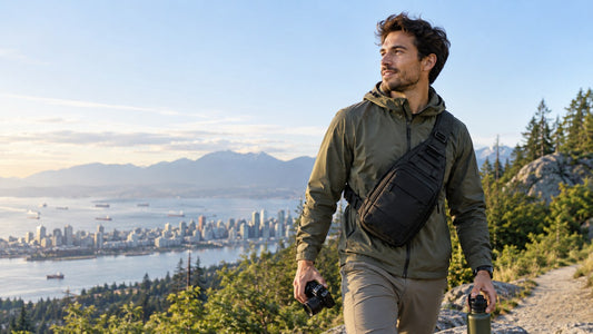 a traveler wearing a tactical sling bag on a city-to-trail day with a water bottle and compact camera