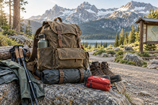 Waxed canvas hiking backpack shown with trail-ready essentials